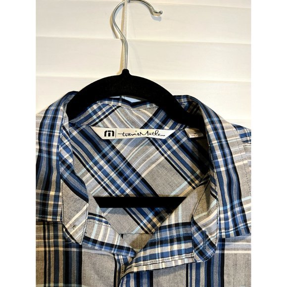 Travis Mathew Gray and Blue Striped Short Sleeve Button Up Shirt - Size L - Picture 2 of 4